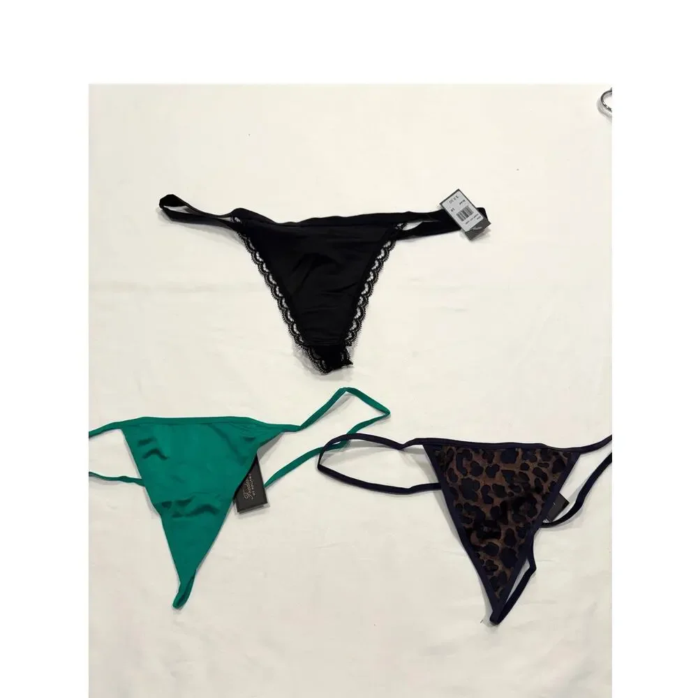 NWT Frederick's of Hollywood Thong String Panties 1X Black‎ Leopard Green LOT 3